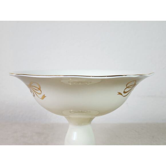 Teleflora Candy Dish Pedestal Bowl 5" Ivory Gold Trim Compote Dish 80s Korea - Picture 3 of 13